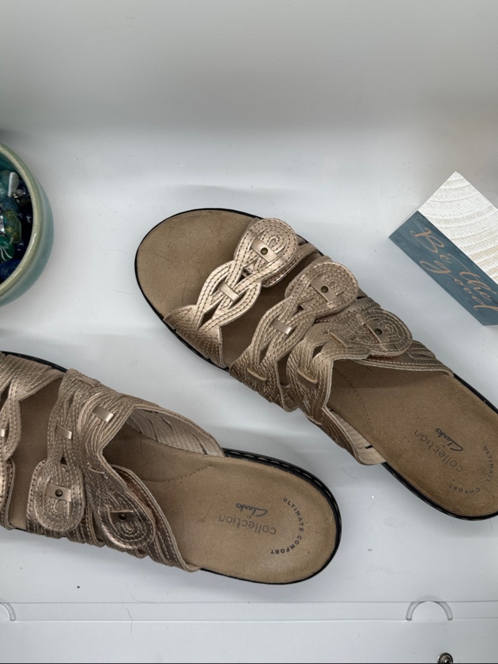 Clarks Gold / Rose Gold Braided Multi-Strap Slide Sandals - Picture 9 of 10